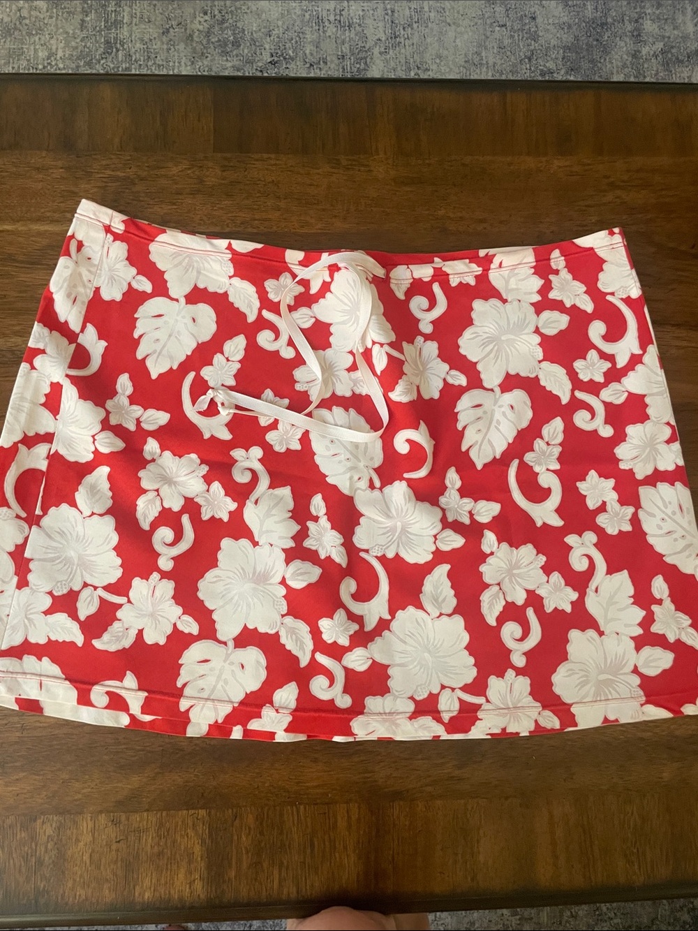 Handmade in Hawaii - Red Floral Mini Skirt with White Hibiscus Print